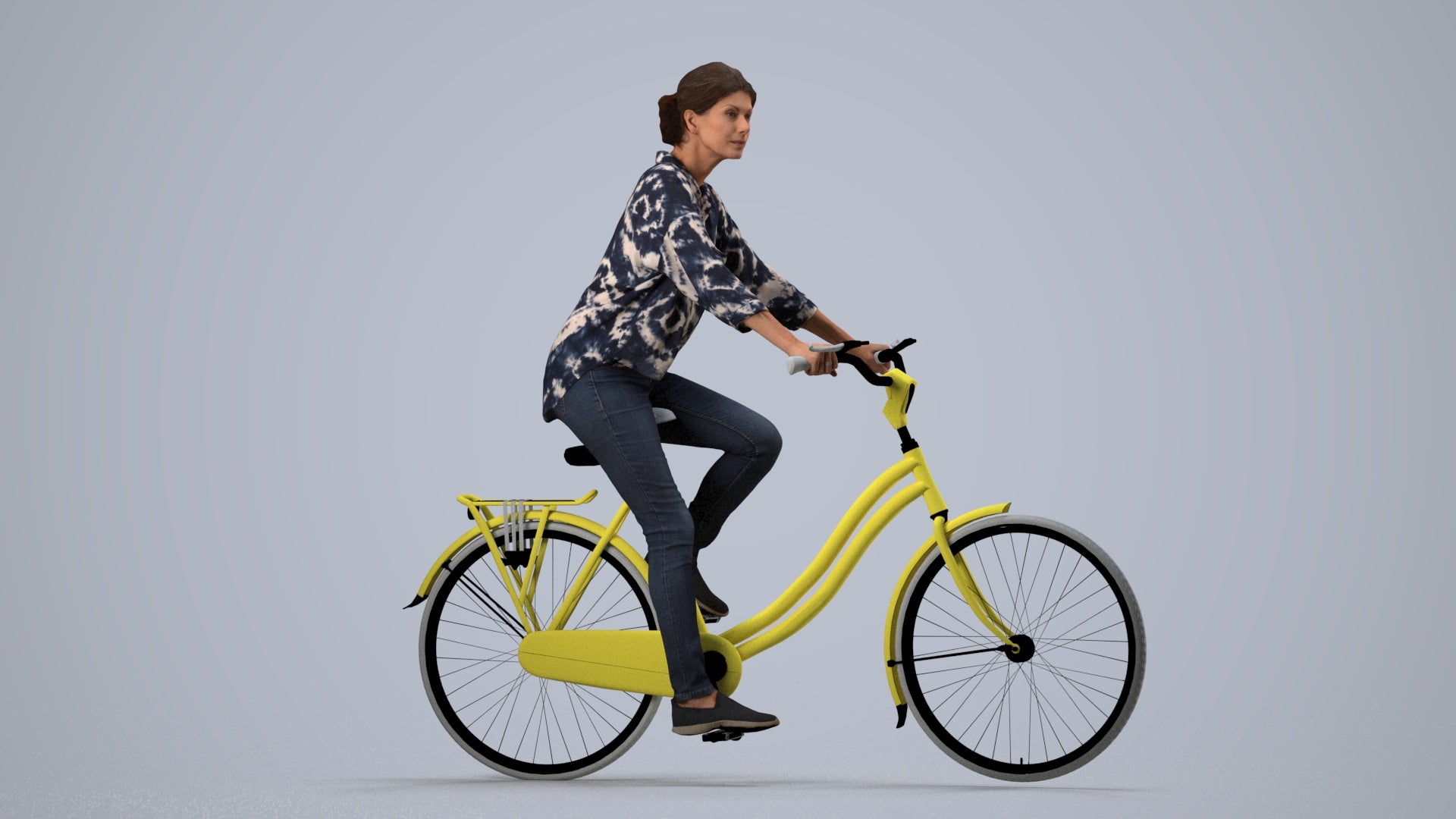 photogrammetry 3D woman casual cycling, realistic human model archviz FBX, side view render