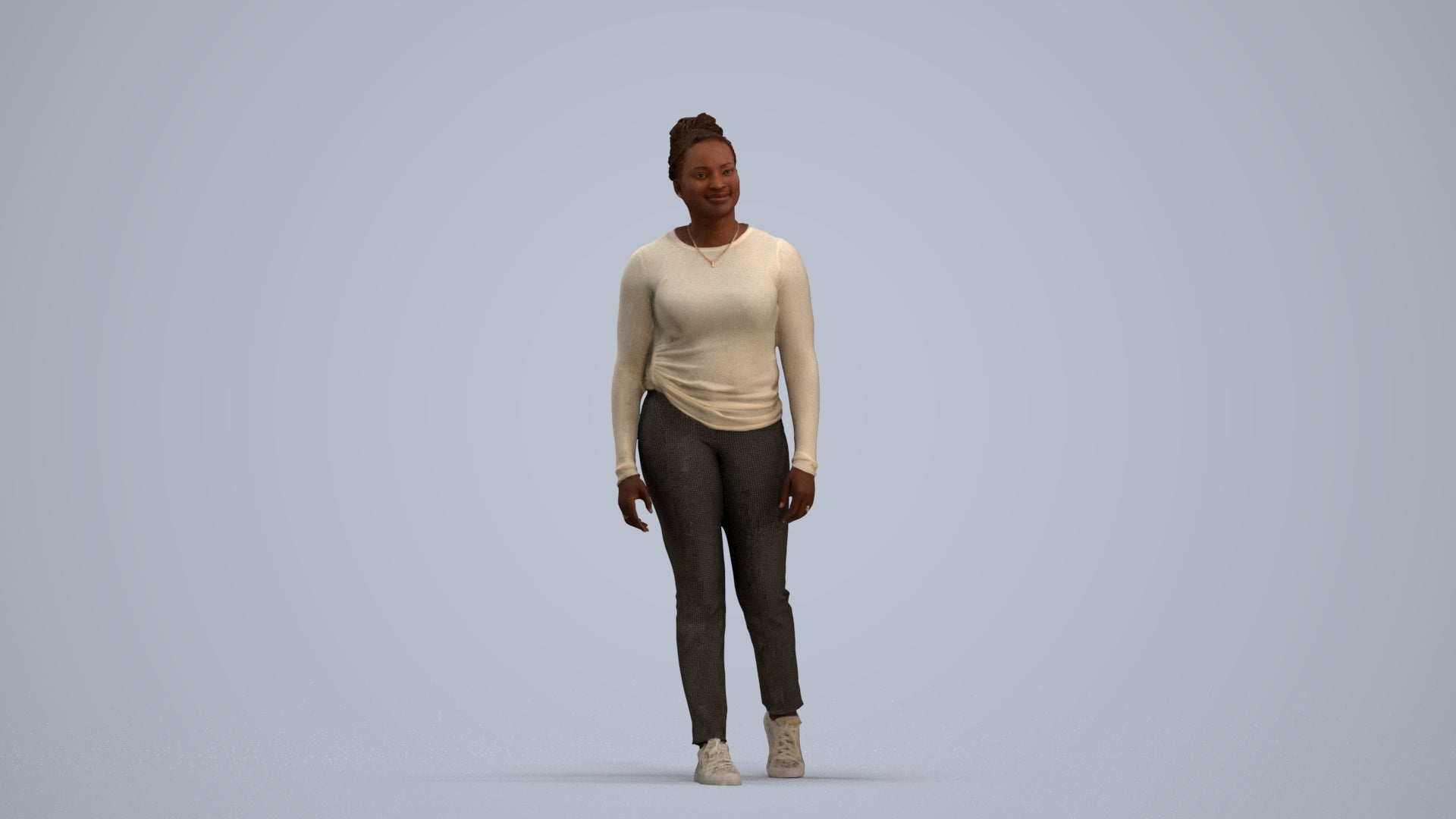 3D scanned woman walking casual, photorealistic archviz people for Enscape and SketchUp, standing pose render