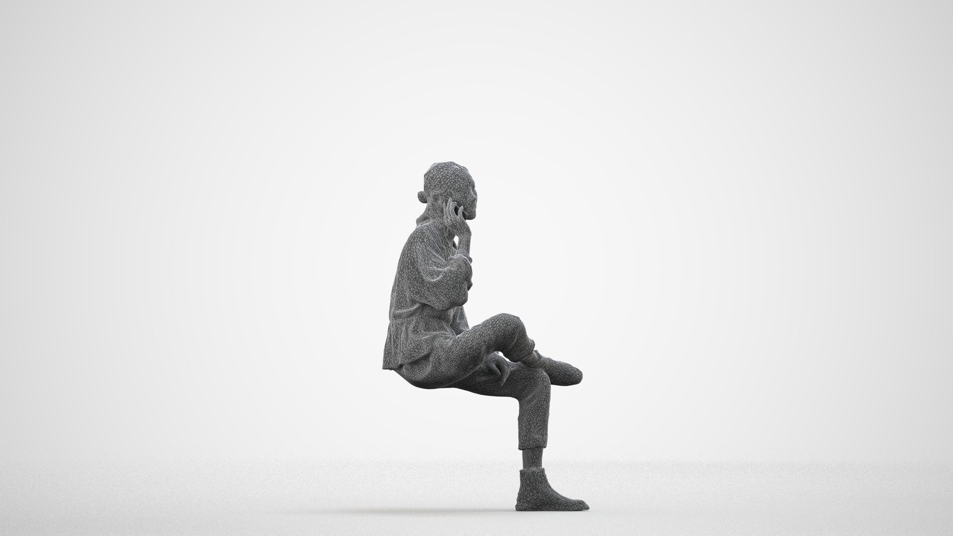 3D people model woman casual sitting, scanned human for 3ds Max rendering, wireframe side view