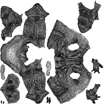 3D human model senior man business sitting, photogrammetry scanned person for archviz, wireframe top-down view