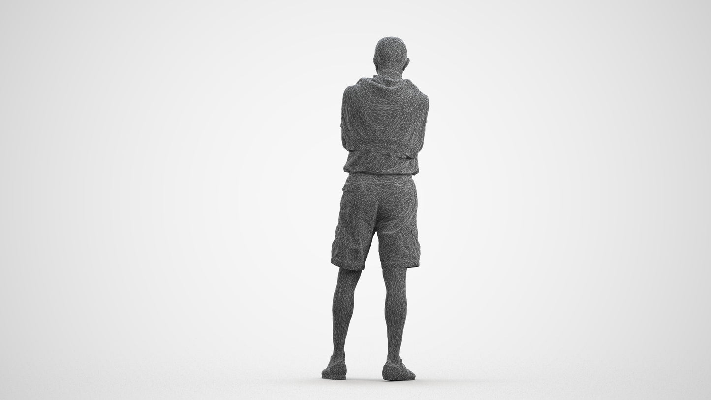 realistic 3D senior man casual standing, scanned archviz people for Blender and 3ds Max, wireframe front view