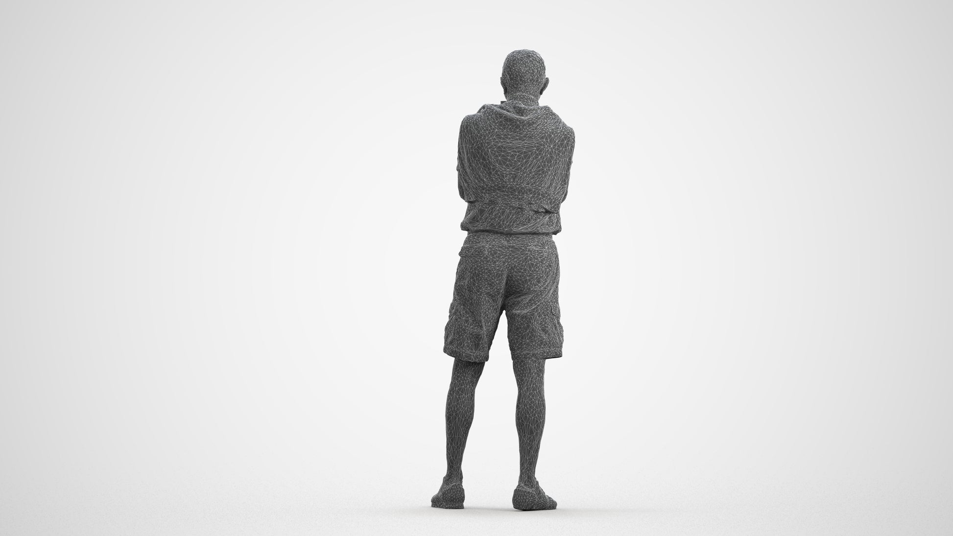 realistic 3D senior man casual standing, scanned archviz people for Blender and 3ds Max, wireframe front view