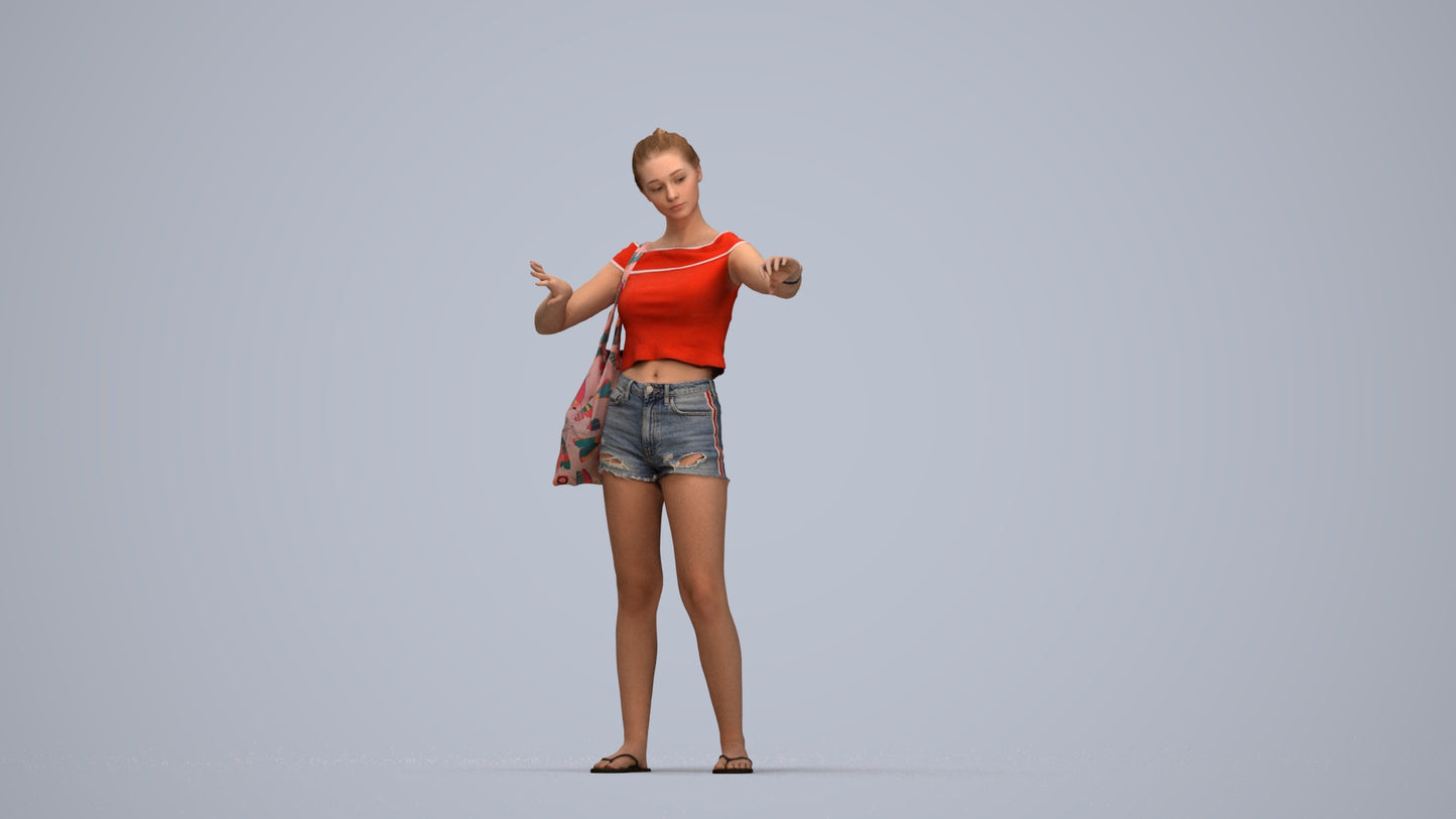 3D scanned girl standing casual, photorealistic archviz people for Enscape and SketchUp, top-down view render