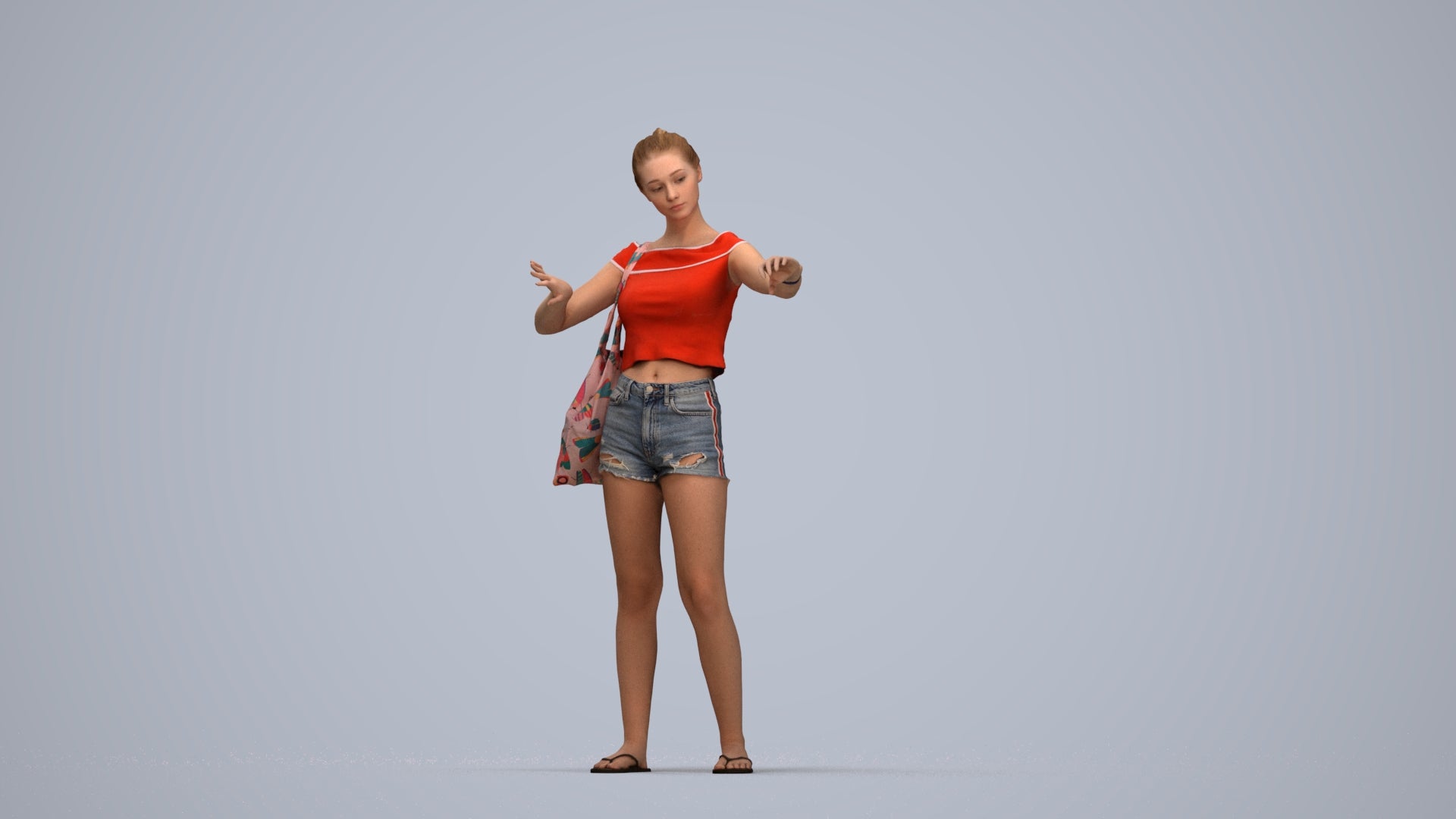 3D scanned girl standing casual, photorealistic archviz people for Enscape and SketchUp, top-down view render