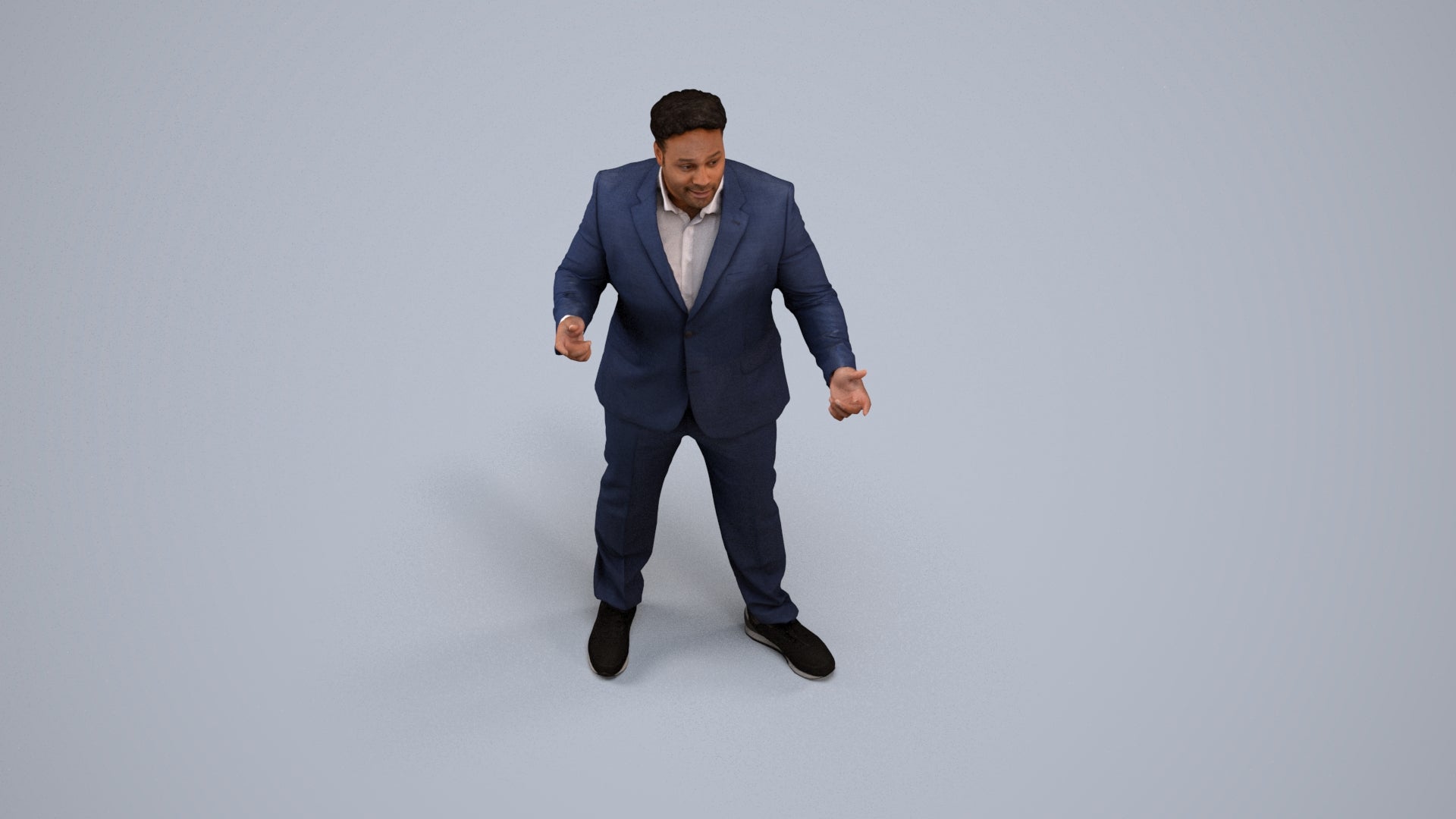 3D human model man business, photogrammetry scanned person for archviz, back view render
