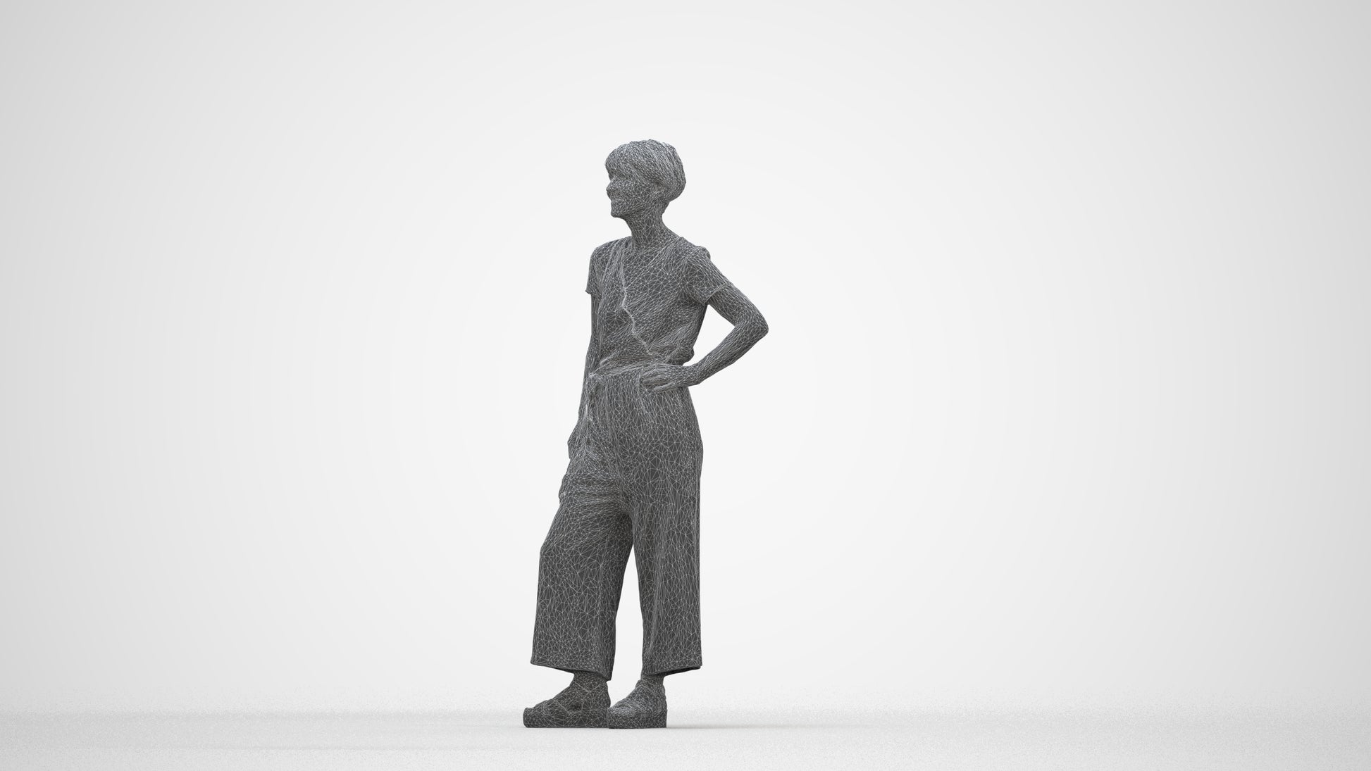 3D people model senior woman casual standing, scanned human for 3ds Max rendering, wireframe back view