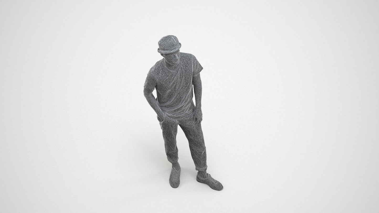 realistic 3D human man casual standing, archviz people FBX OBJ for Blender, wireframe three-quarter view