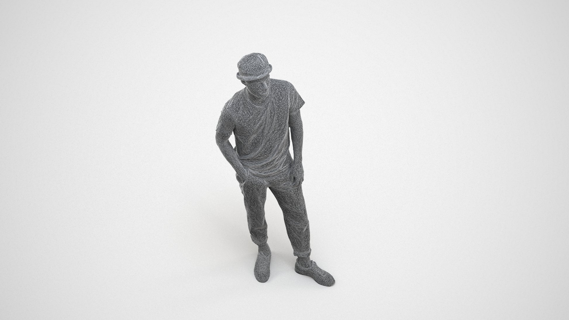 realistic 3D human man casual standing, archviz people FBX OBJ for Blender, wireframe three-quarter view