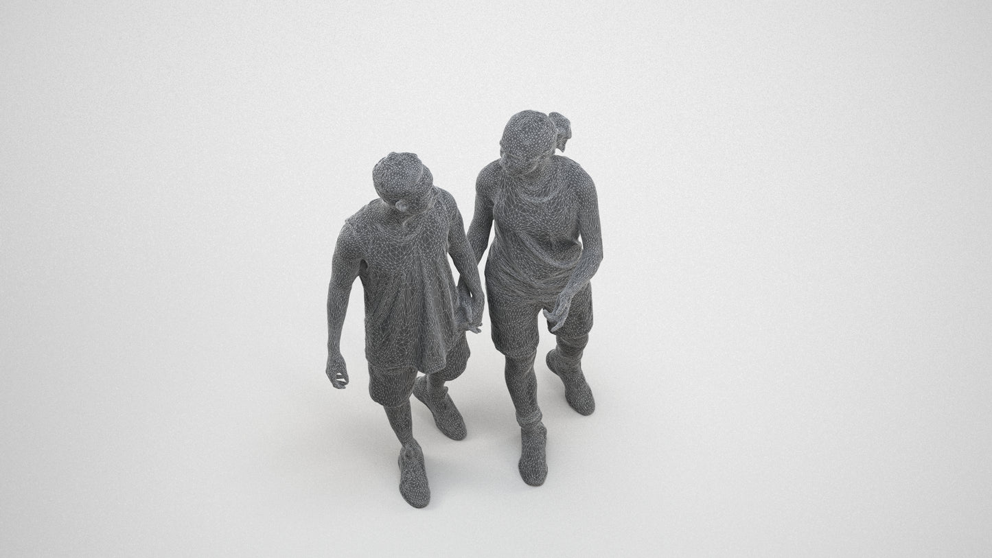 3D human model woman sport, photogrammetry scanned person for archviz, wireframe three-quarter view