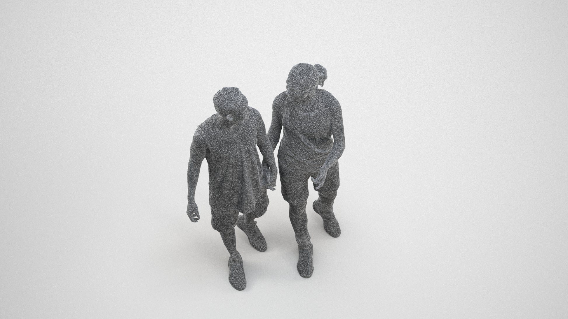 3D human model woman sport, photogrammetry scanned person for archviz, wireframe three-quarter view