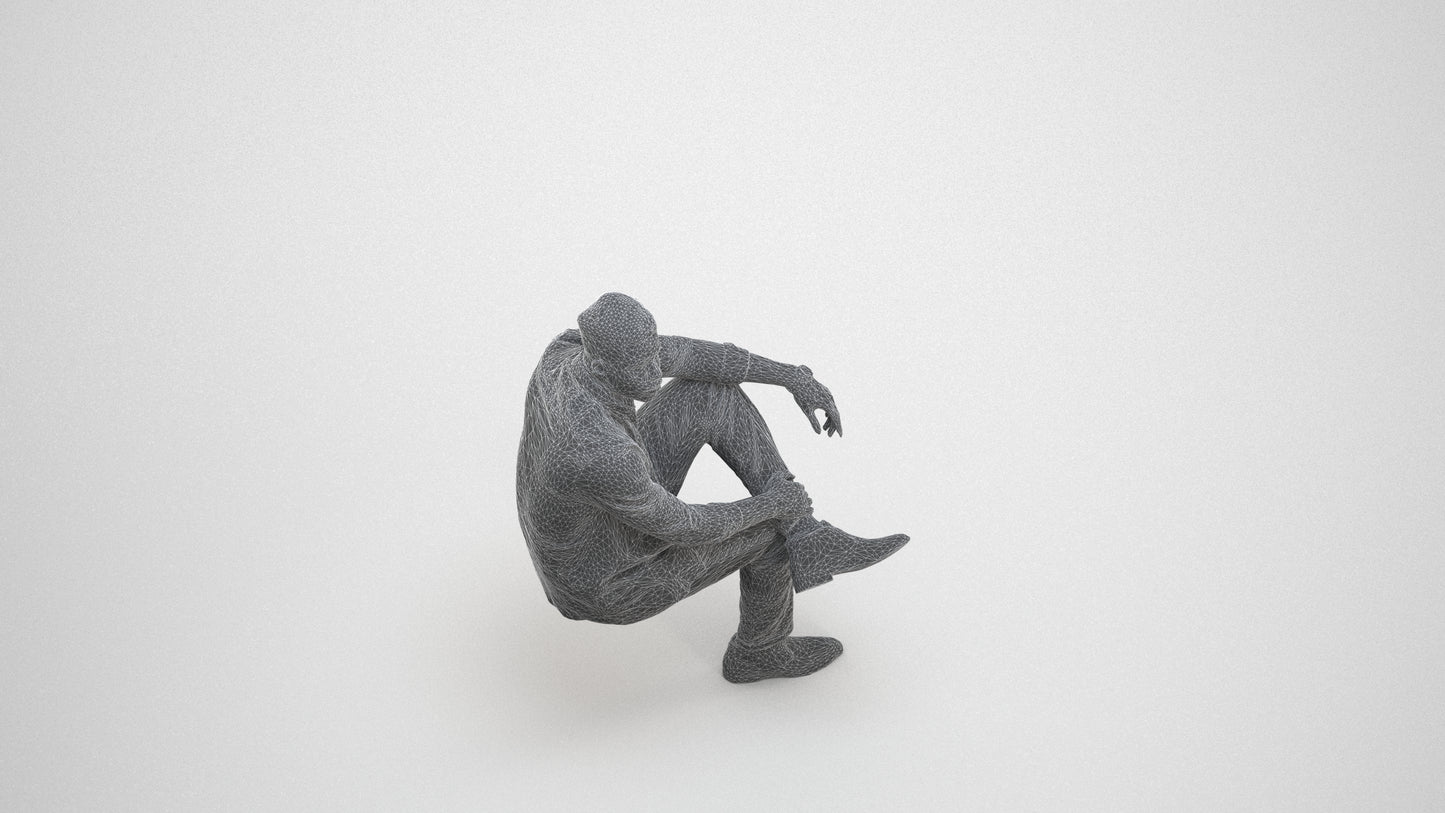 scanned 3D man casual sitting, photogrammetry people for Enscape and V-Ray, wireframe three-quarter view