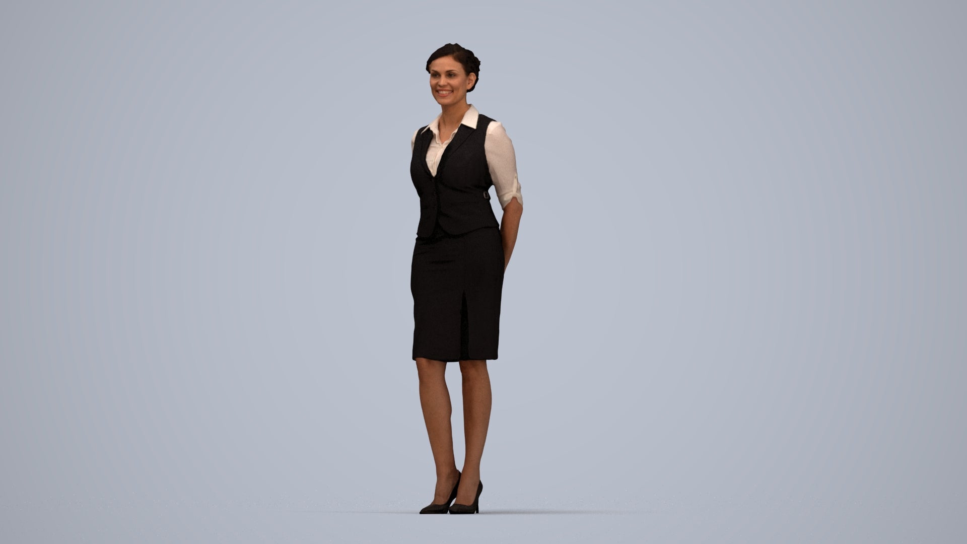 realistic 3D people woman hospitality, render-ready for V-Ray and Corona, FBX OBJ, top-down view render