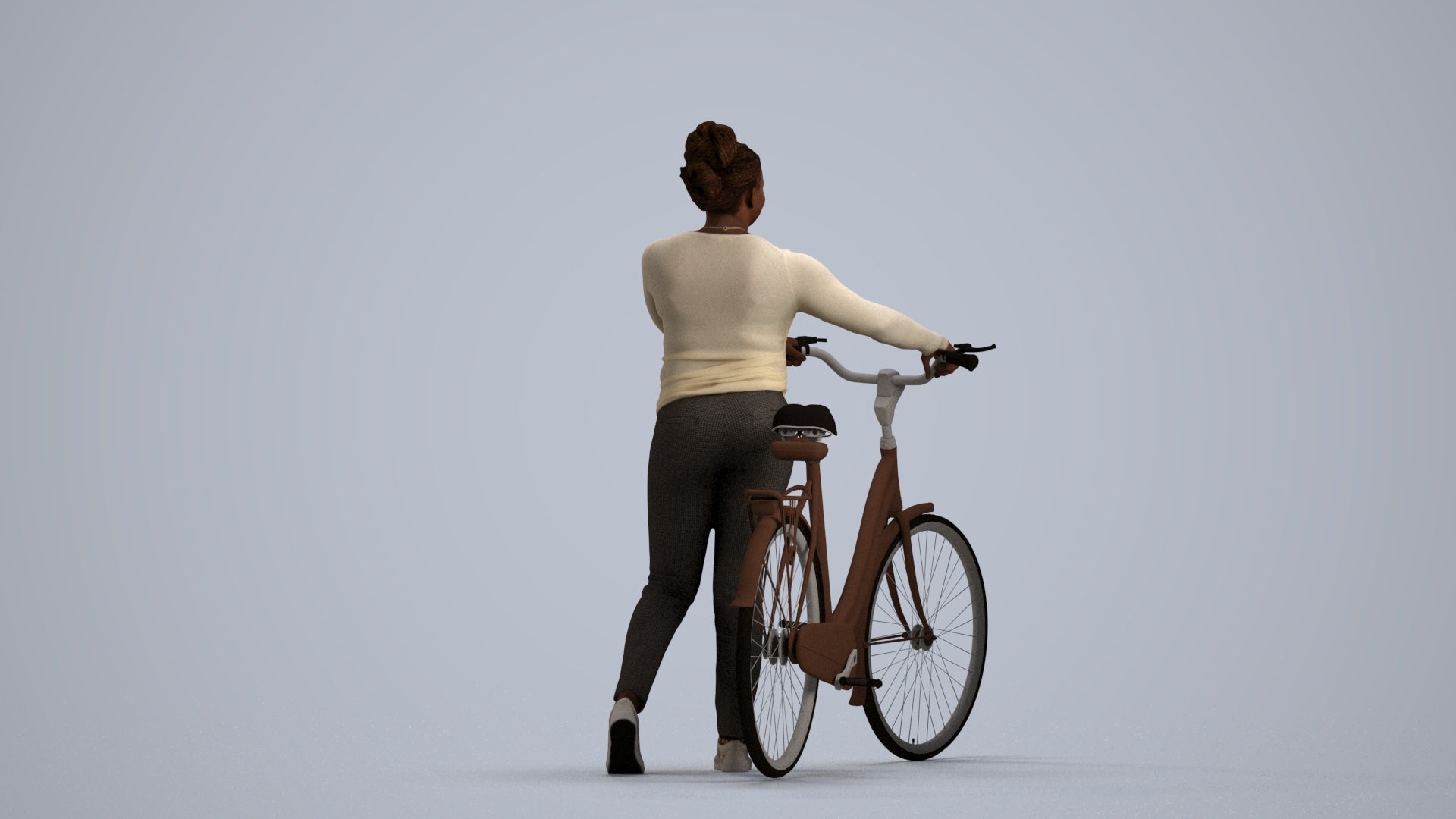 realistic 3D woman casual cycling, scanned archviz people for Blender and 3ds Max, front view render