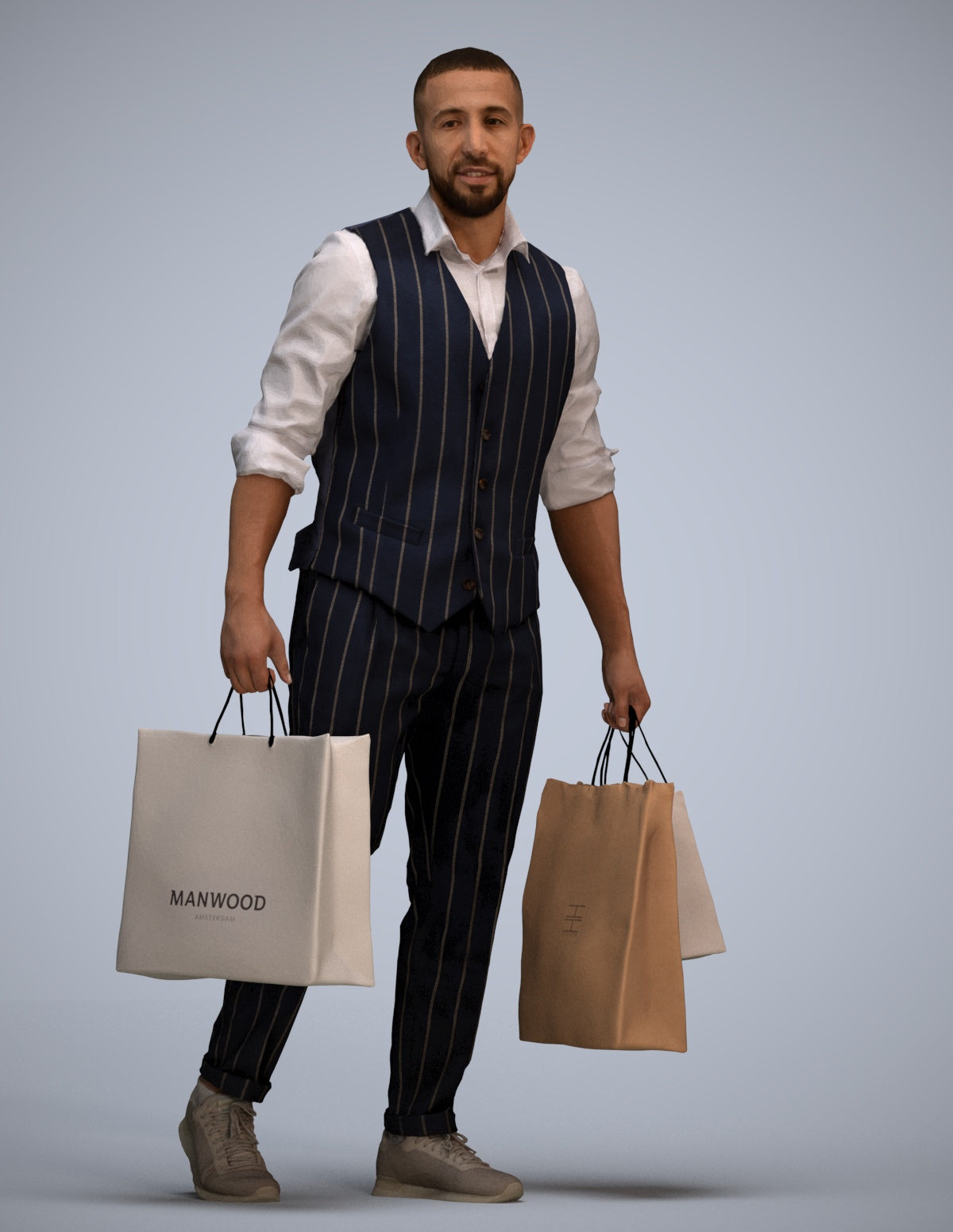 3D human model man casual shopping, photogrammetry scanned person for archviz