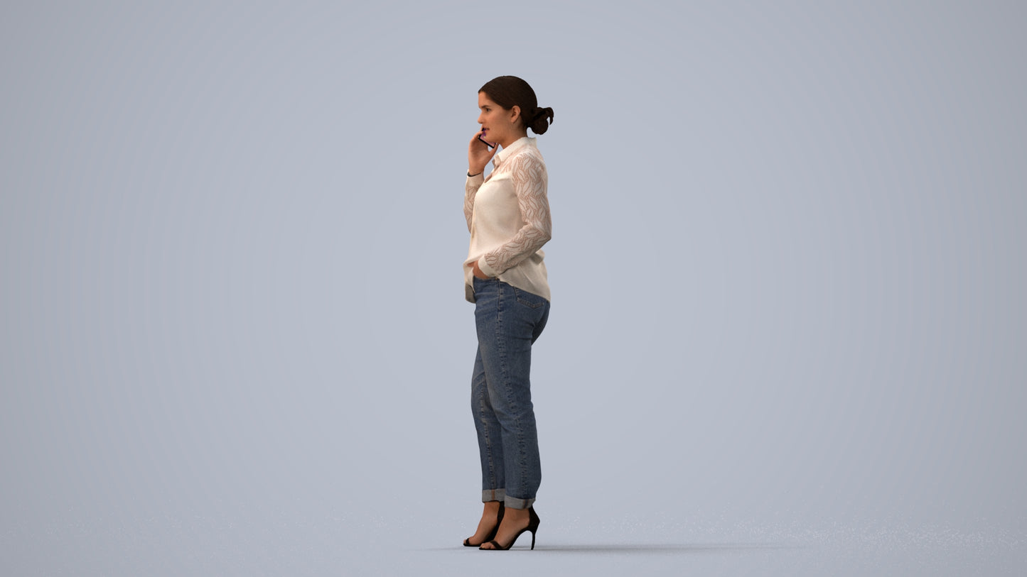 3D scanned woman standing casual, photorealistic archviz people for Enscape and SketchUp, three-quarter view render