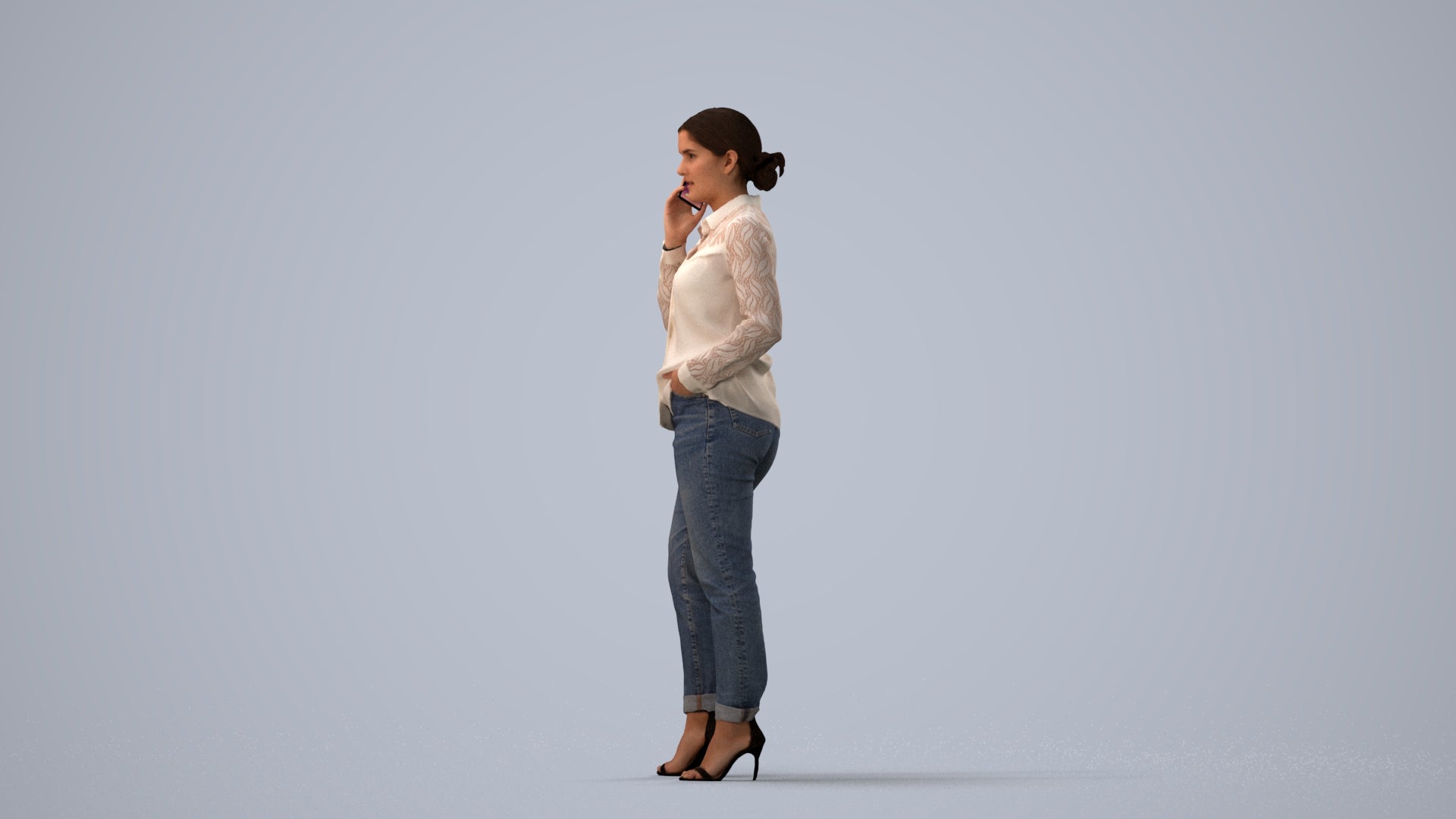 3D scanned woman standing casual, photorealistic archviz people for Enscape and SketchUp, three-quarter view render
