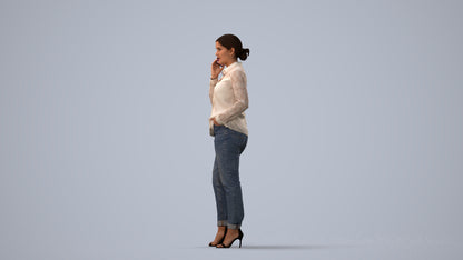 3D scanned woman standing casual, photorealistic archviz people for Enscape and SketchUp, three-quarter view render