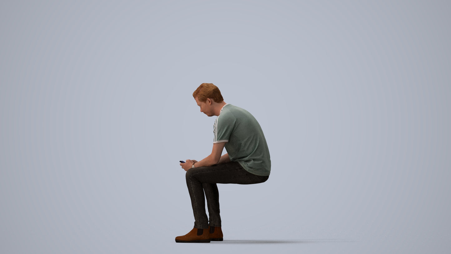 photogrammetry 3D man casual sitting, realistic human model archviz FBX, three-quarter view render