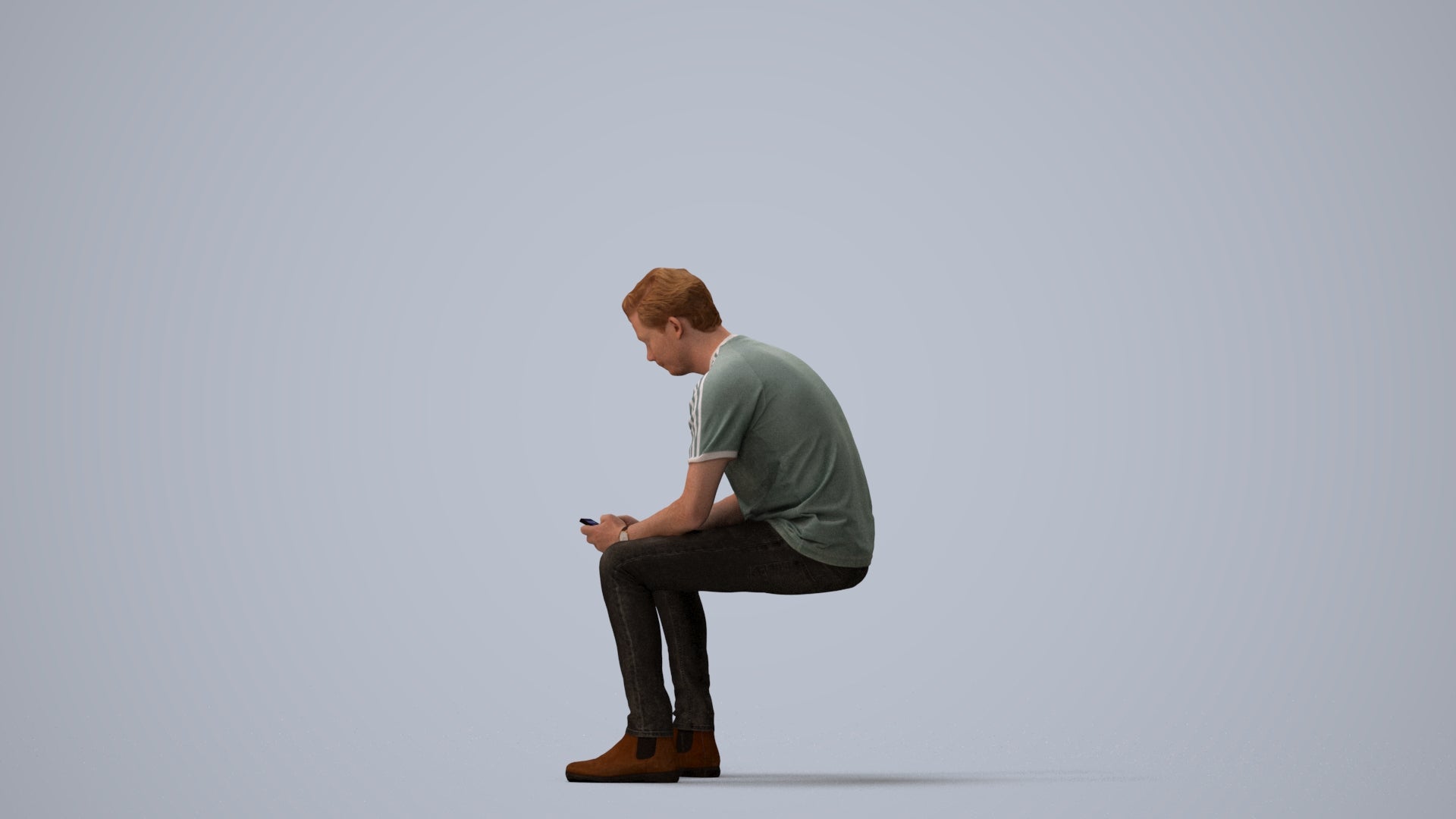 photogrammetry 3D man casual sitting, realistic human model archviz FBX, three-quarter view render