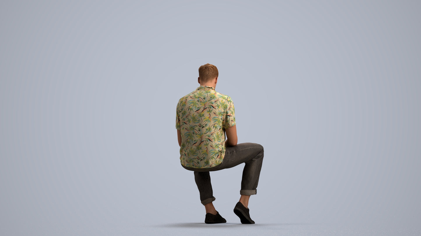 realistic 3D human man casual sitting, archviz people FBX OBJ for Blender, front view render