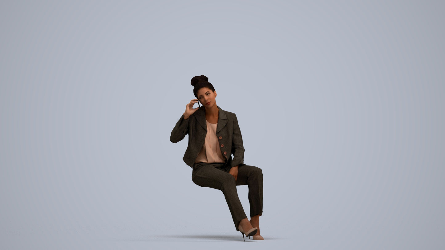 3D human model woman business sitting, photogrammetry scanned person for archviz, standing pose render