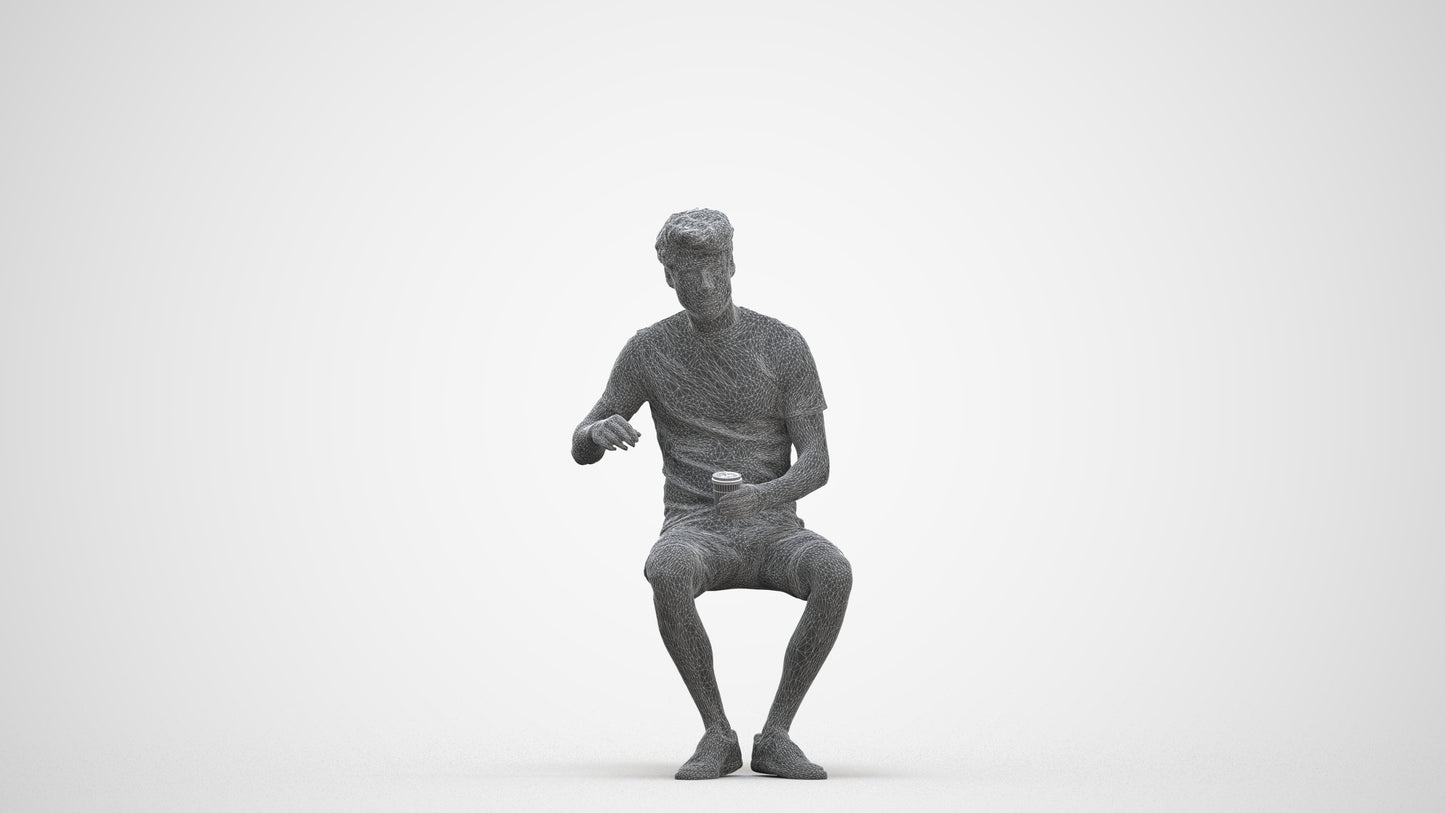 photogrammetry 3D man casual sitting, realistic human model archviz FBX, three-quarter front view render