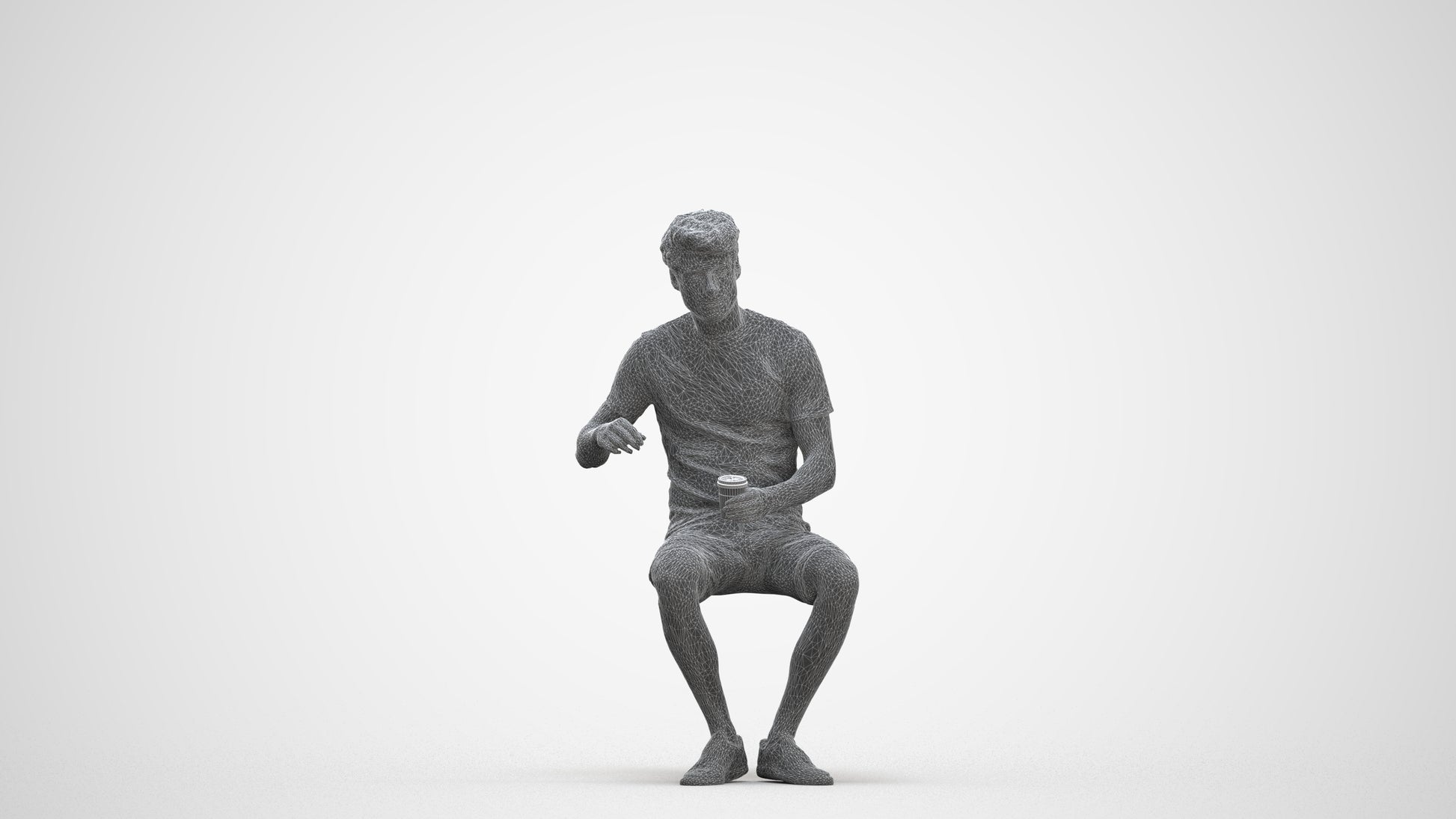 photogrammetry 3D man casual sitting, realistic human model archviz FBX, three-quarter front view render
