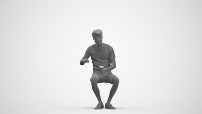 photogrammetry 3D man casual sitting, realistic human model archviz FBX, three-quarter front view render