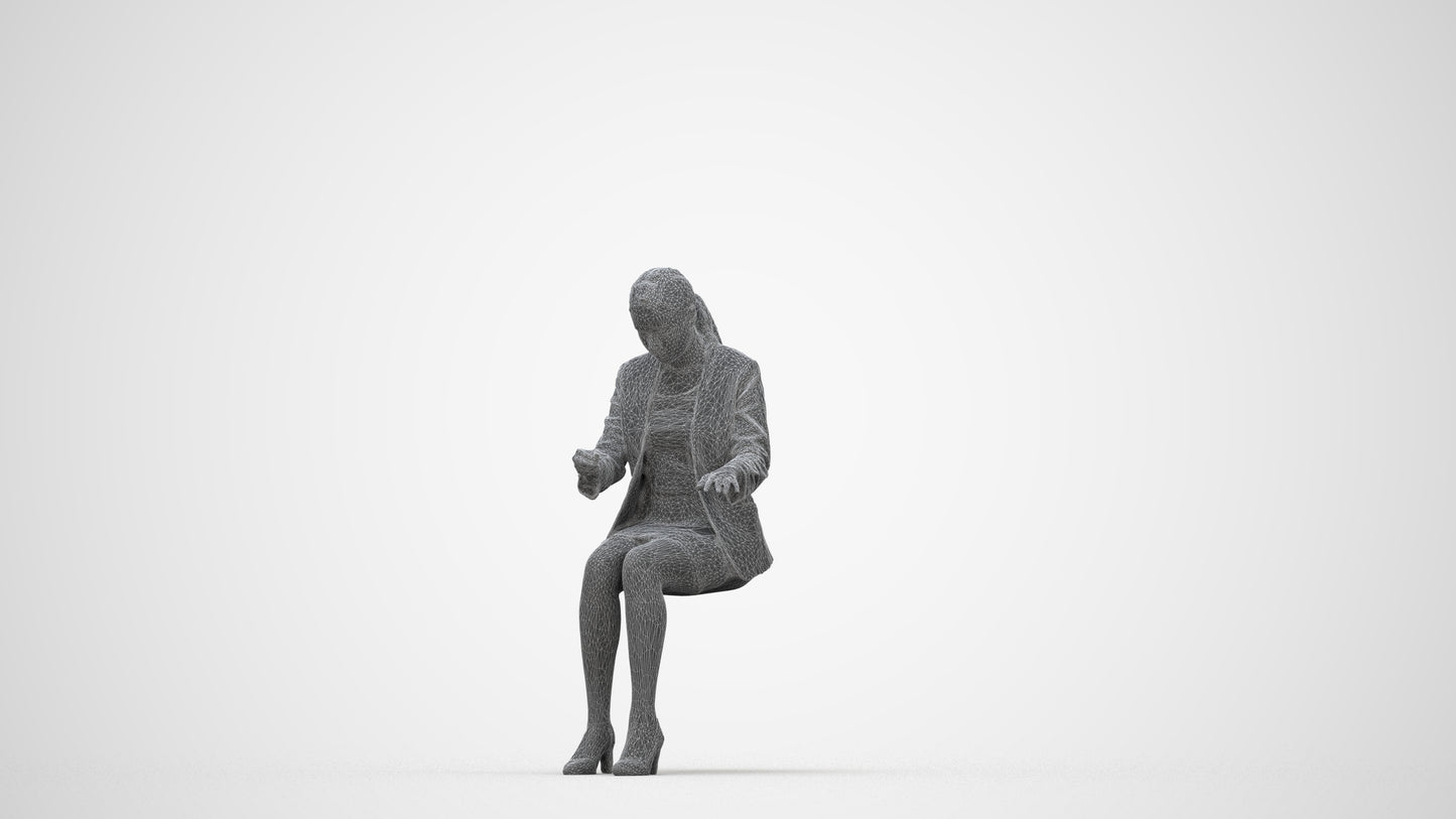 3D human model woman business, photogrammetry scanned person for archviz, wireframe back view