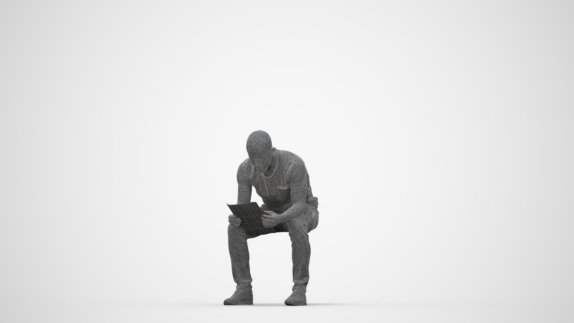 realistic 3D human man casual sitting, archviz people FBX OBJ for Blender, wireframe back view