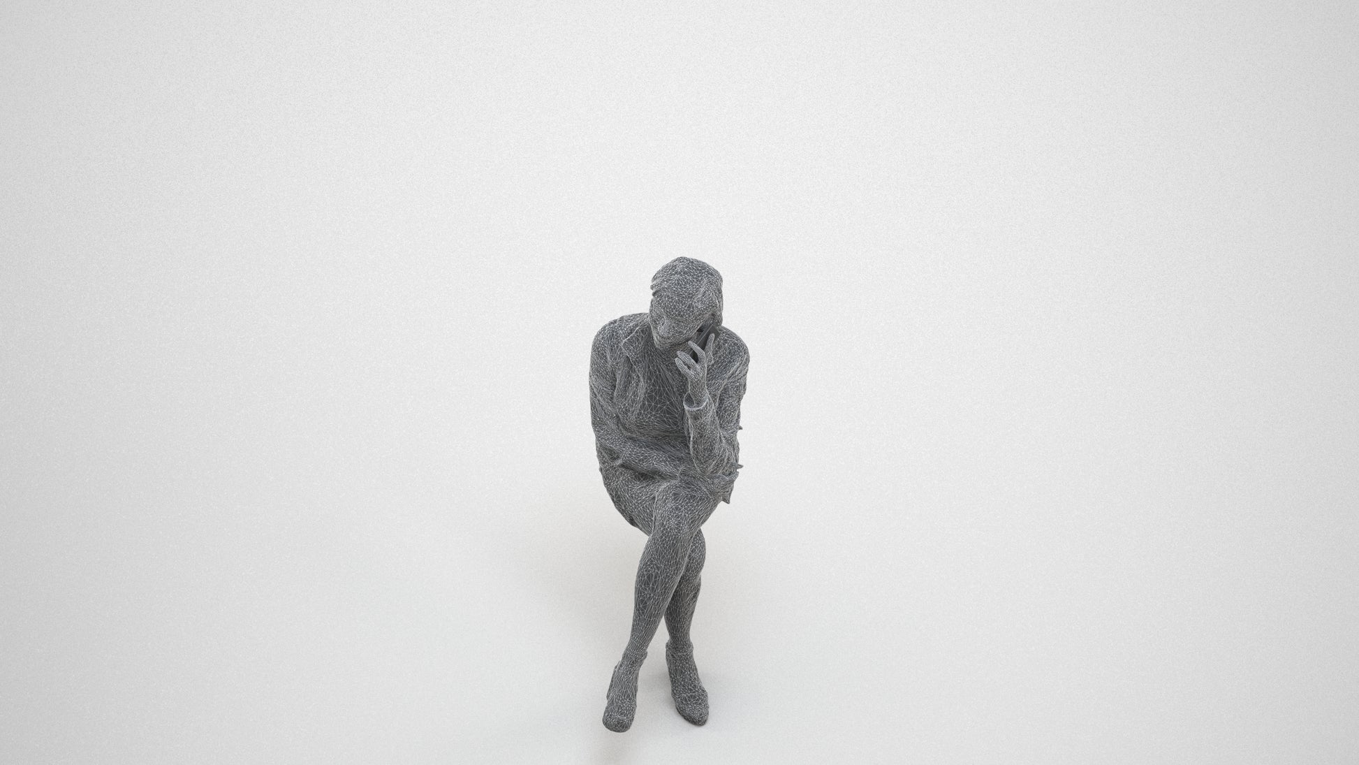 3D human model woman casual sitting, photogrammetry scanned person for archviz, wireframe three-quarter view