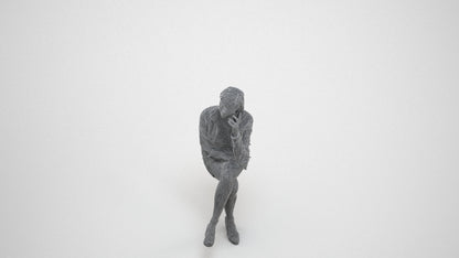 3D human model woman casual sitting, photogrammetry scanned person for archviz, wireframe three-quarter view