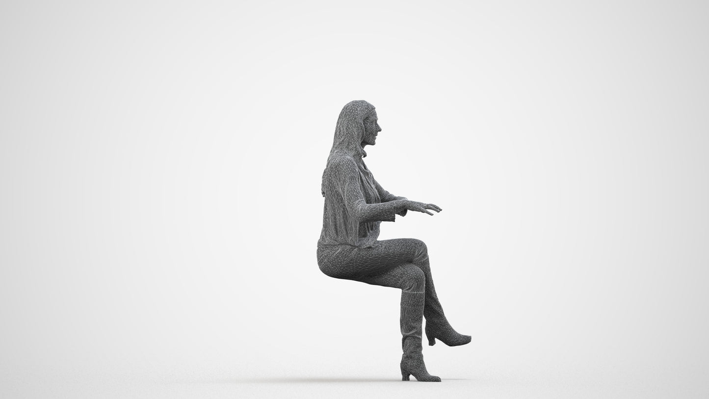 realistic 3D human woman casual sitting, archviz people FBX OBJ for Blender, wireframe side view