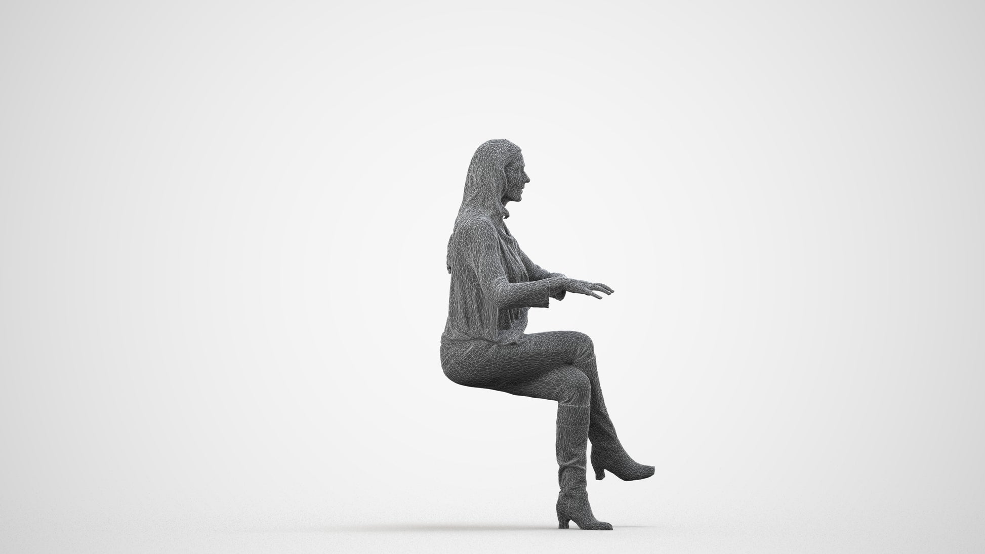 realistic 3D human woman casual sitting, archviz people FBX OBJ for Blender, wireframe side view