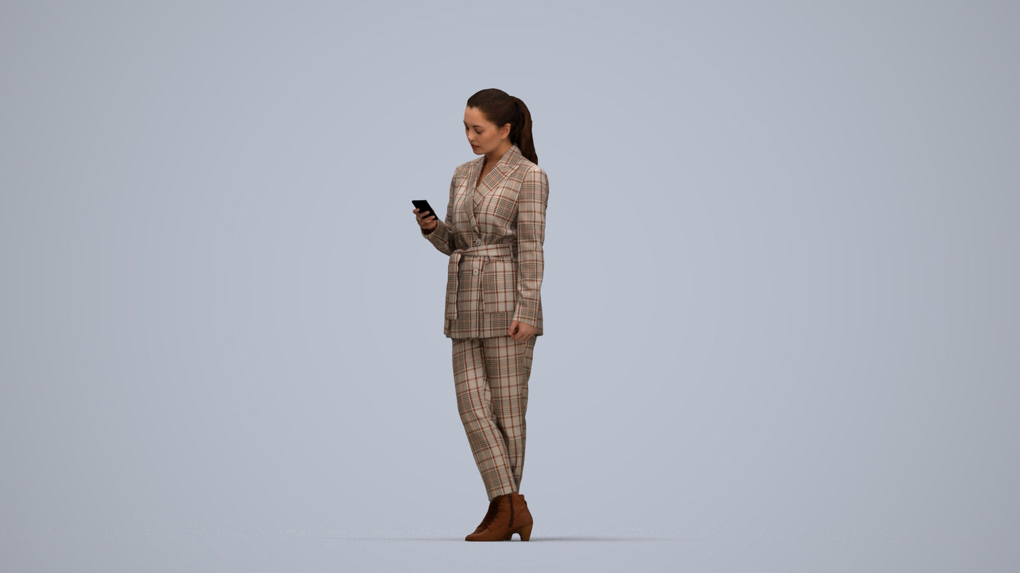 realistic 3D woman business standing, scanned archviz people for Blender and 3ds Max, top-down view render