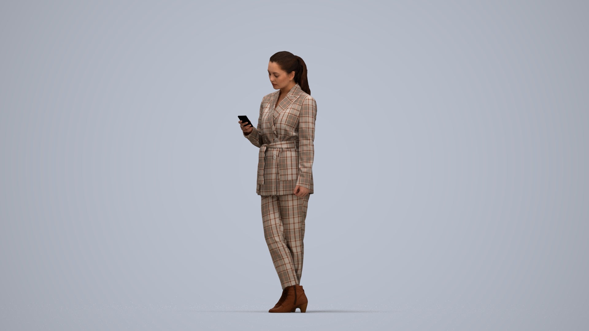 realistic 3D woman business standing, scanned archviz people for Blender and 3ds Max, top-down view render