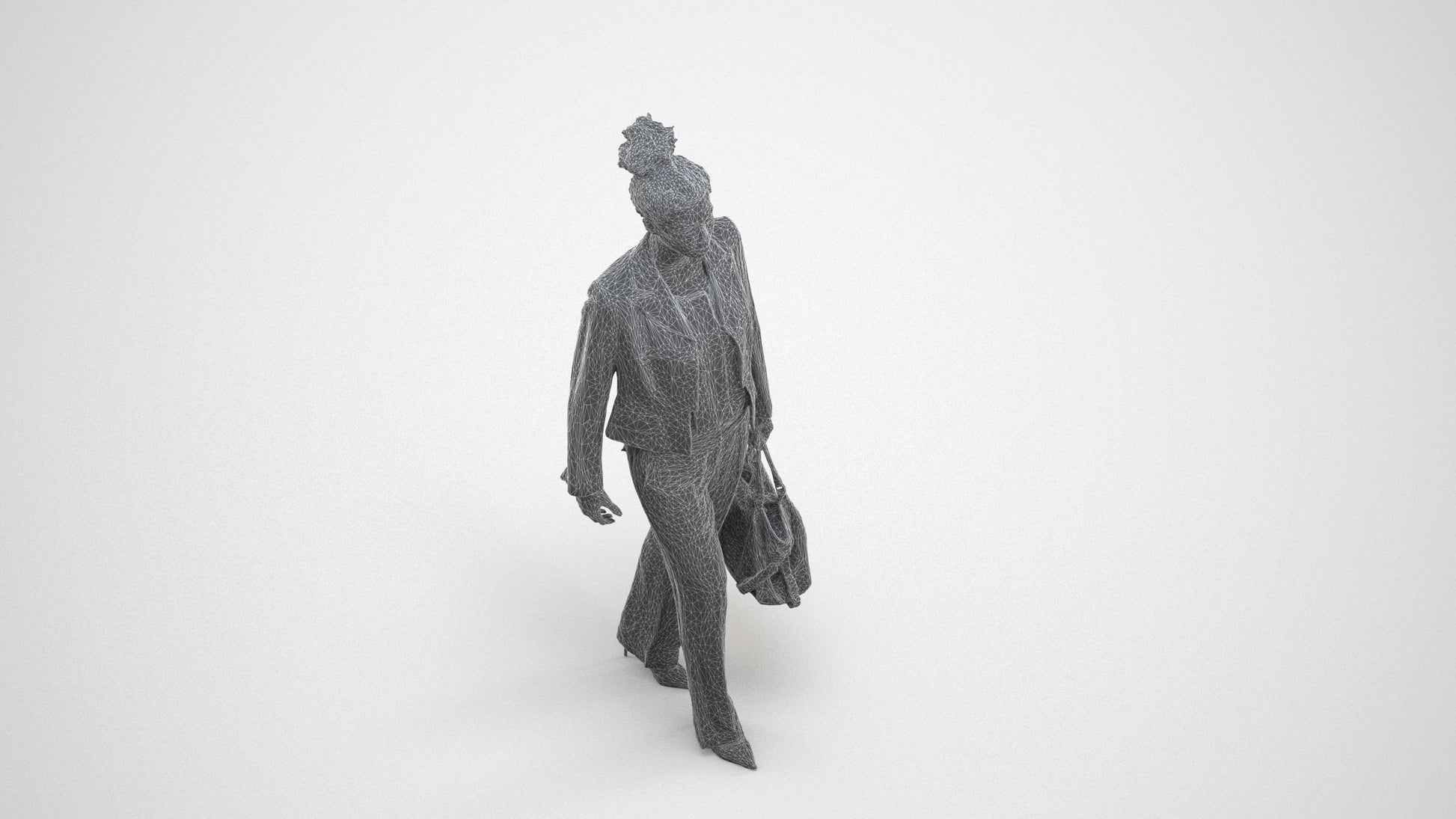 realistic 3D woman business walking, scanned archviz people for Blender and 3ds Max, wireframe three-quarter view