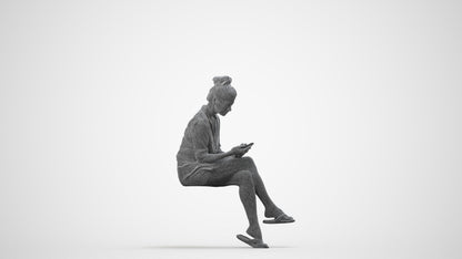 scanned 3D woman casual sitting, photogrammetry people for Enscape and V-Ray, wireframe side view