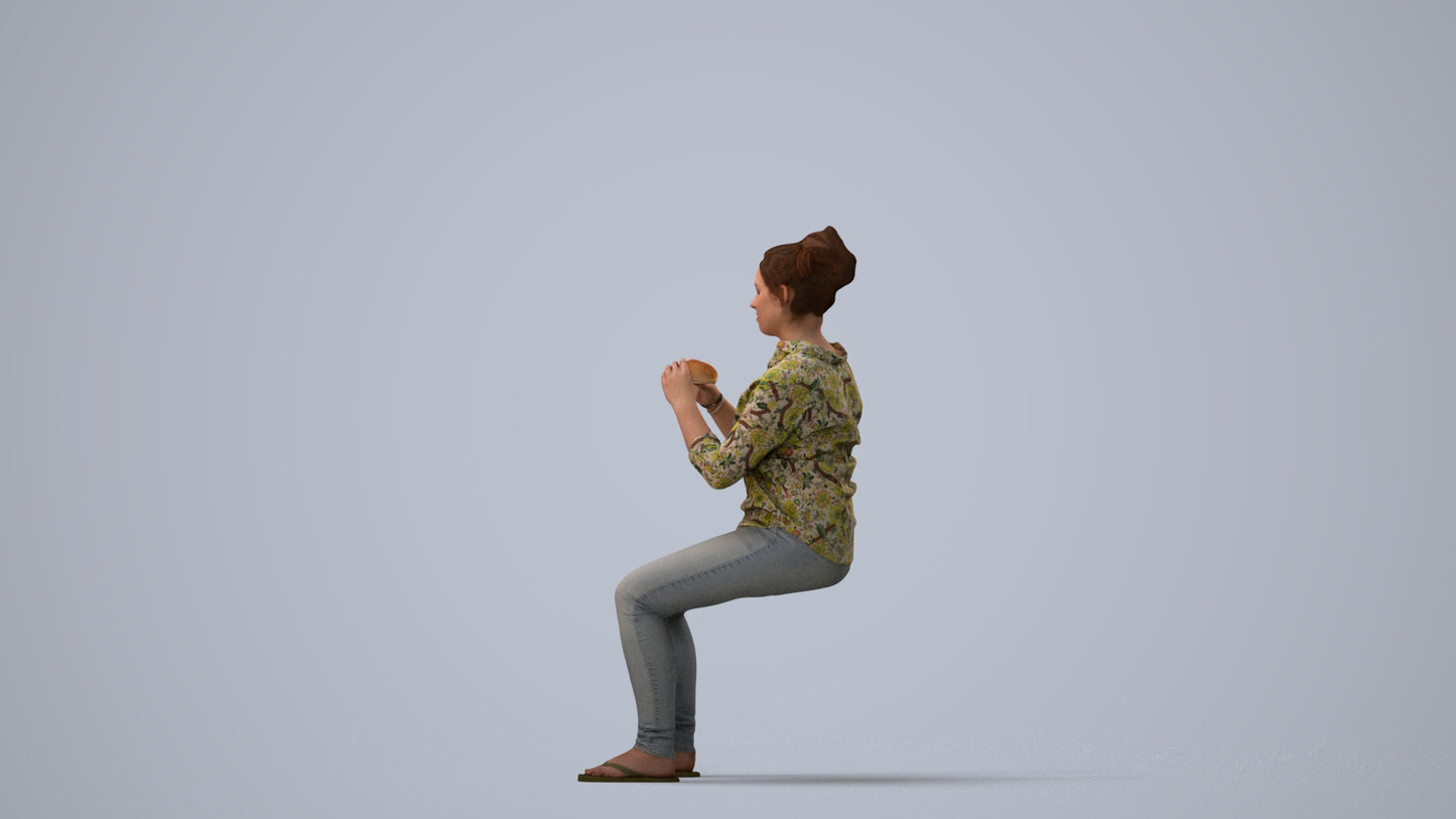 realistic 3D human woman casual sitting, archviz people FBX OBJ for Blender, three-quarter view render