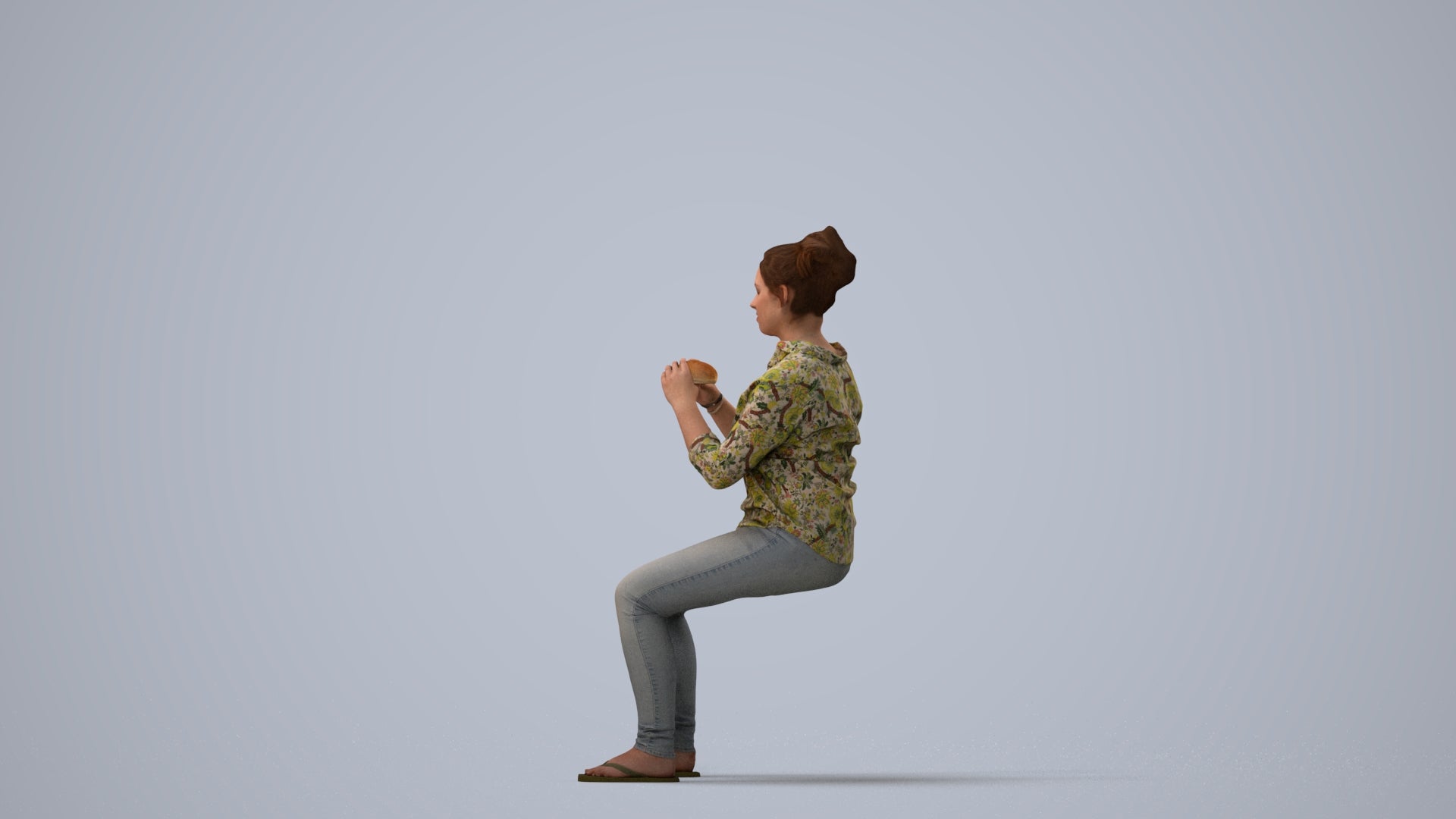 realistic 3D human woman casual sitting, archviz people FBX OBJ for Blender, three-quarter view render