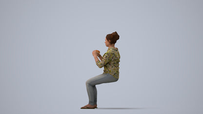 realistic 3D human woman casual sitting, archviz people FBX OBJ for Blender, three-quarter view render