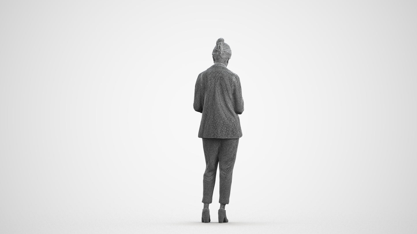 realistic 3D woman business standing, scanned archviz people for Blender and 3ds Max, wireframe front view