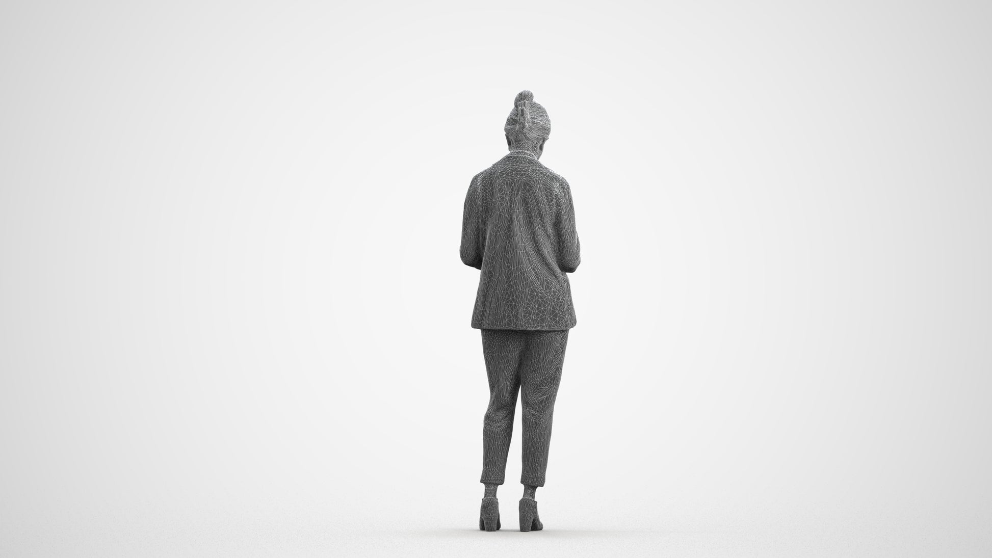 realistic 3D woman business standing, scanned archviz people for Blender and 3ds Max, wireframe front view