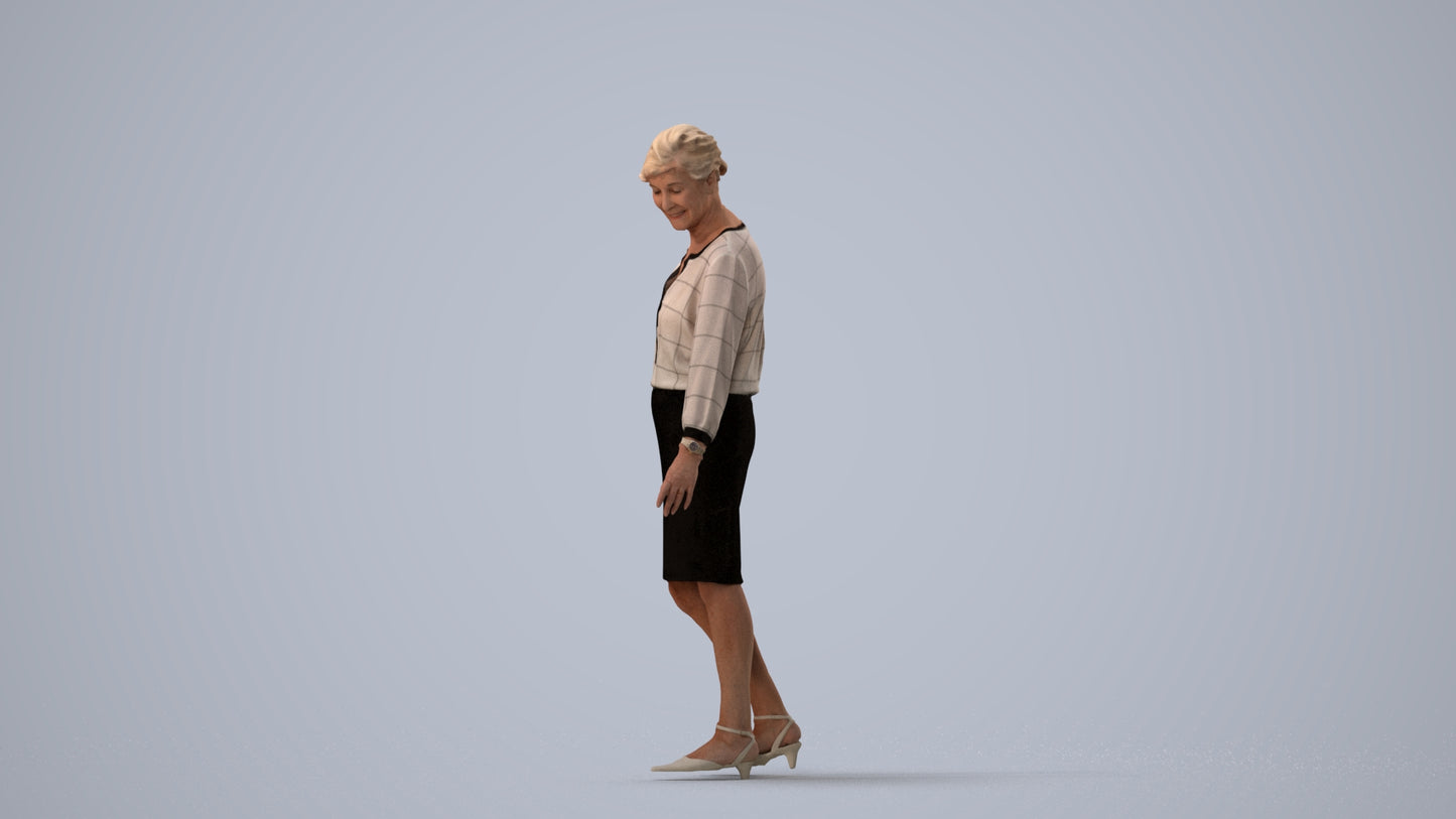 3D human model senior woman business standing, photogrammetry scanned person for archviz, three-quarter view render