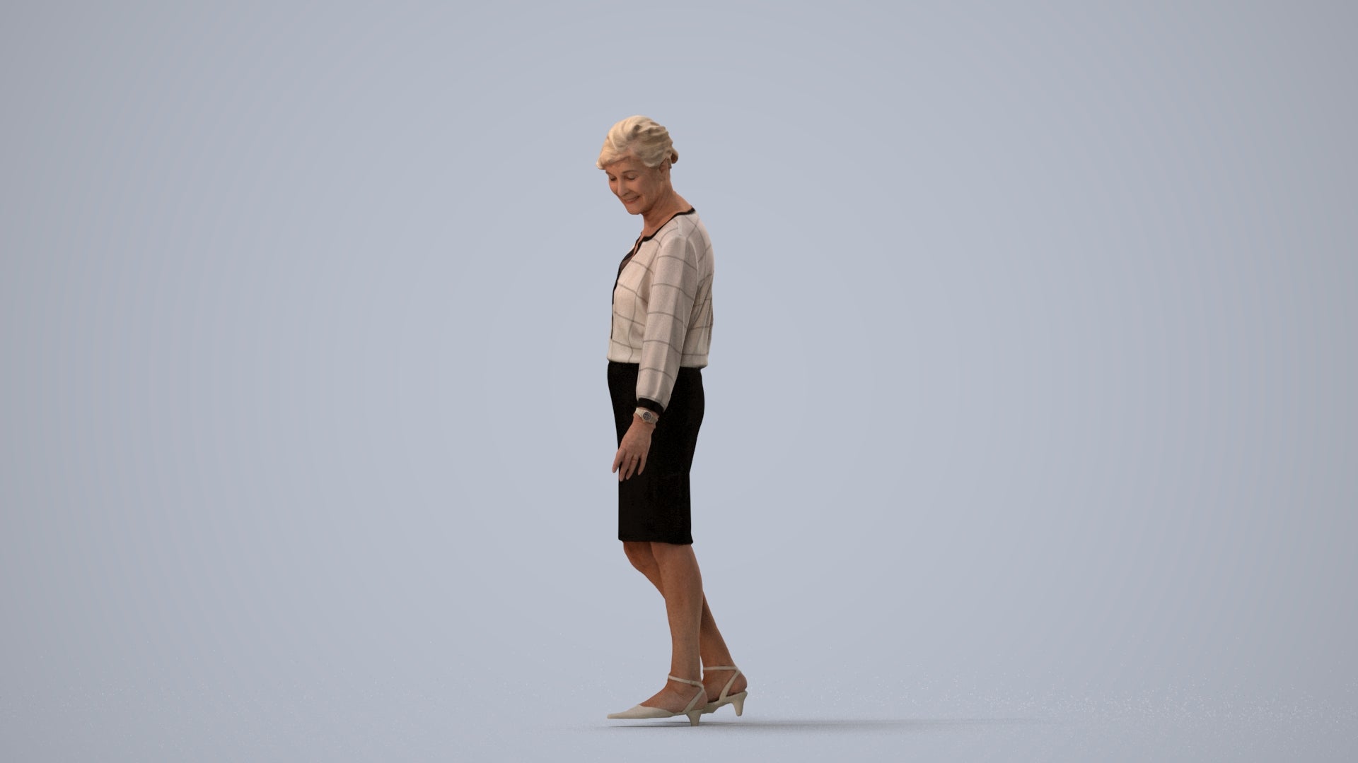 3D human model senior woman business standing, photogrammetry scanned person for archviz, three-quarter view render