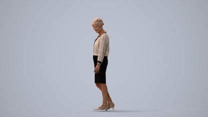 3D human model senior woman business standing, photogrammetry scanned person for archviz, three-quarter view render
