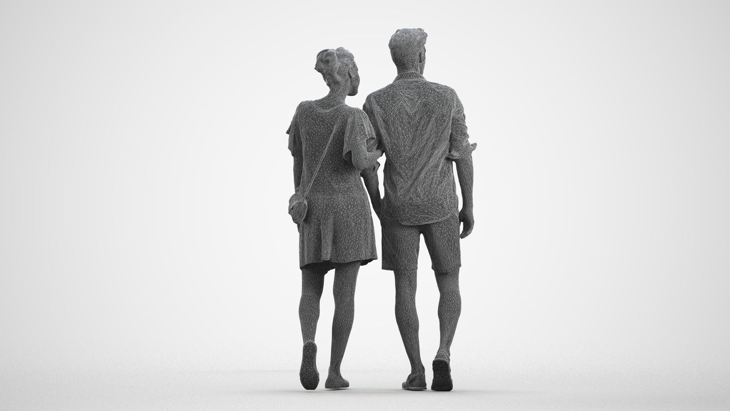 realistic 3D people woman casual couple, render-ready for V-Ray and Corona, FBX OBJ, wireframe front view