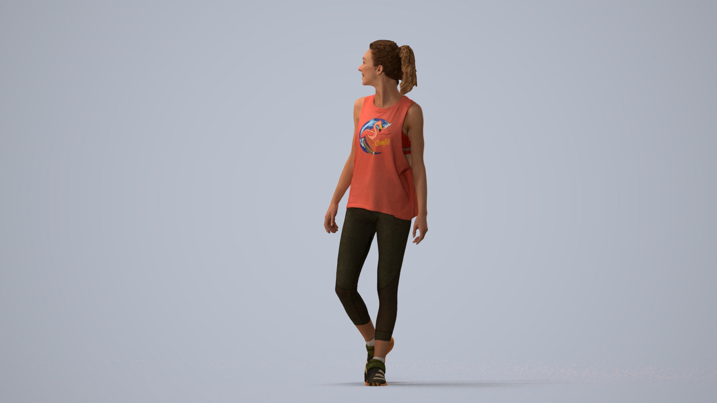 3D human model woman sport, photogrammetry scanned person for archviz, three-quarter view render