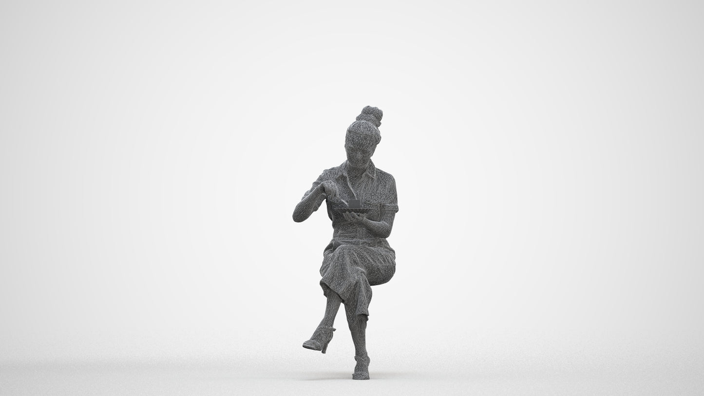 photogrammetry 3D woman formal sitting, realistic human model archviz FBX, three-quarter front view render
