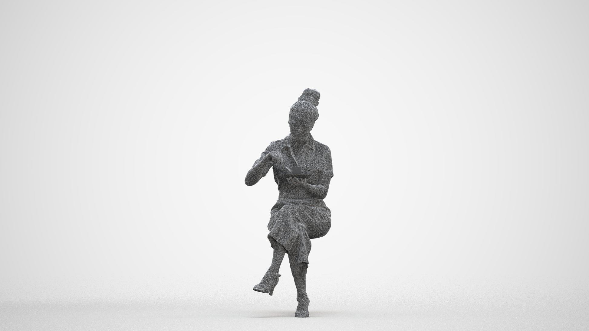 photogrammetry 3D woman formal sitting, realistic human model archviz FBX, three-quarter front view render
